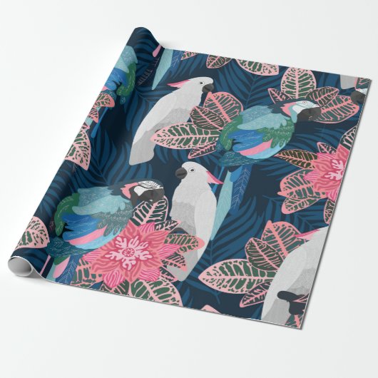 シームレスな熱帯パターンとオウム。ヴィンテージ油 ラッピングペーパー (アンロールド)
