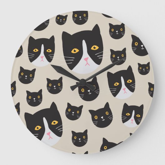 シームレスな猫、パタお洒落ーンイラストレーション。 ラージ壁時計 (正面)