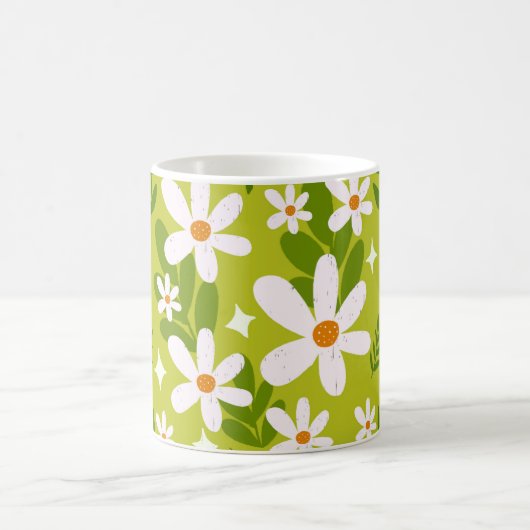 シームレスな白色デイジーパターン コーヒーマグカップ (中央)