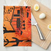 シームレスな砂漠の風景の家ブラックオレンジ キッチンタオル (四つ折り)