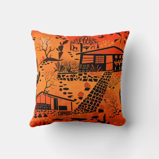 シームレスな砂漠の風景の家ブラックオレンジ クッション (裏面)