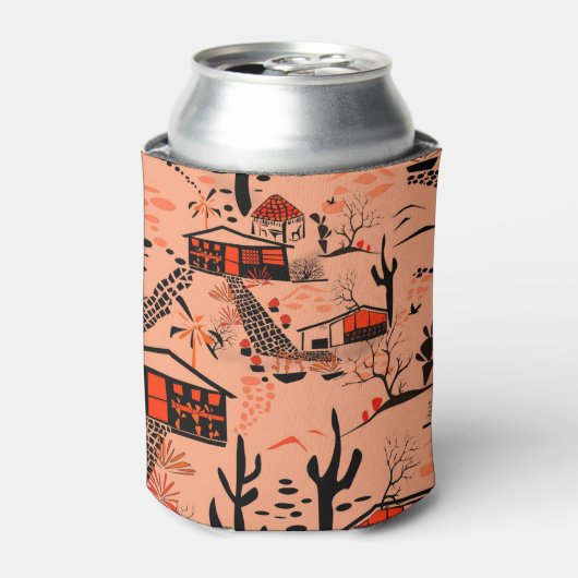 シームレスな砂漠の風景の家ブラックオレンジ 缶クーラー (缶正面)