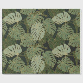 シームレスな緑色のカーキと金ゴールドモンステラ ラッピングペーパー (フラット)