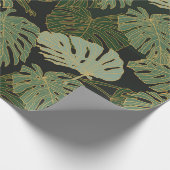 シームレスな緑色のカーキと金ゴールドモンステラ ラッピングペーパー (角)