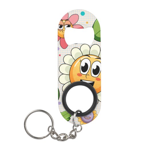 シームレスな背景デザインとカラフル花 キーホルダー栓抜き (正面)