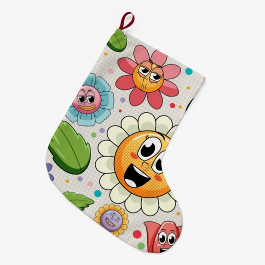 シームレスな背景デザインとカラフル花 ラージクリスマスストッキング (正面 (吊り時))