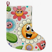 シームレスな背景デザインとカラフル花 ラージクリスマスストッキング (正面)