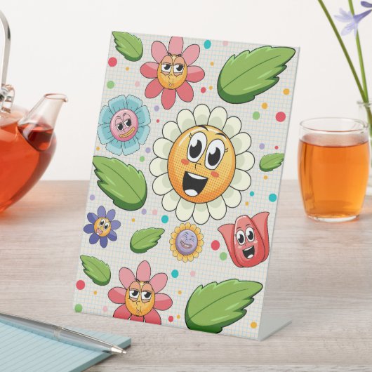 シームレスな背景デザインとカラフル花 台座サイン (インサイチュ)