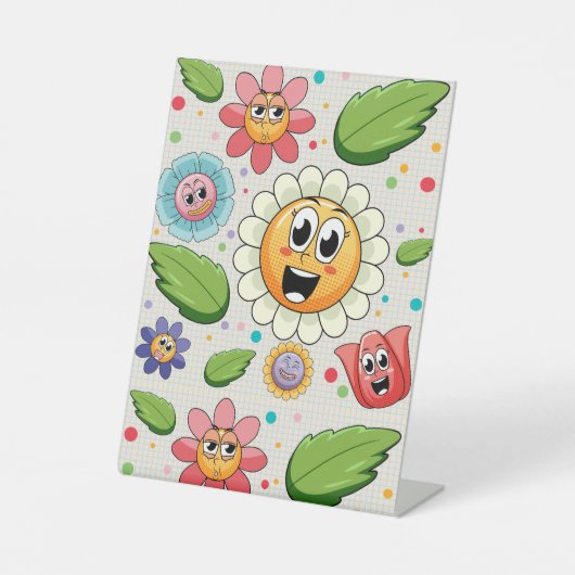 シームレスな背景デザインとカラフル花 台座サイン (正面)