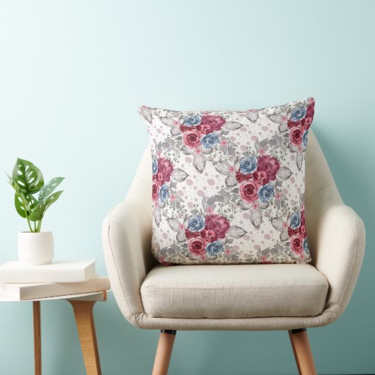 シームレスな花柄 – ほこりっぽい青とバーガンディ  クッション (椅子)