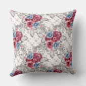 シームレスな花柄 – ほこりっぽい青とバーガンディ  クッション (裏面)