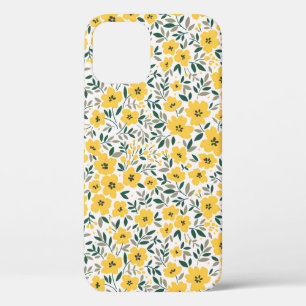シームレスな花柄、小さな黄色の花。Wh iPhone 12ケース