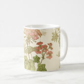 シームレスな花柄。緑の葉、ピンクのゲラ コーヒーマグカップ (正面右)