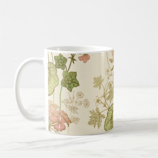 シームレスな花柄。緑の葉、ピンクのゲラ コーヒーマグカップ (左)