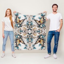 シームレスな蝶と花のパターンのエレガントフローラ フリースブランケット
