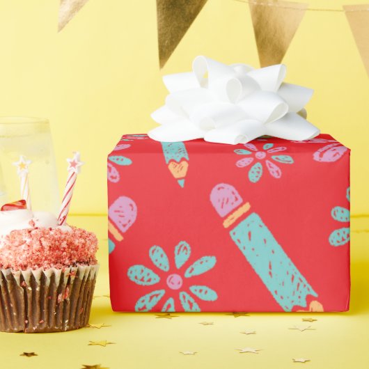 シームレスな赤いラッピング紙の愛と花 ラッピングペーパー (誕生日パーティー)