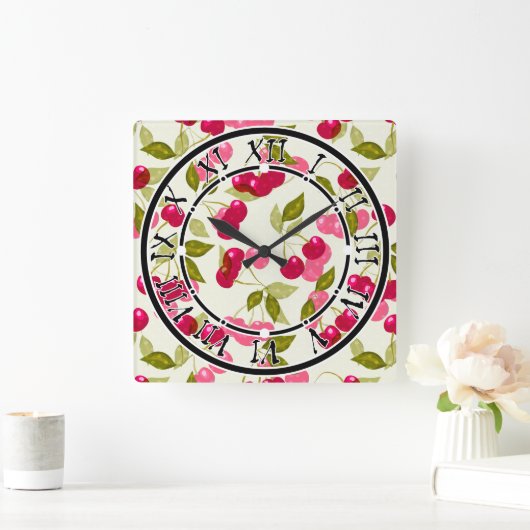 シームレスな赤い漫画さくらんぼベリーかわいいパターンwhi スクエア壁時計 (ホーム)