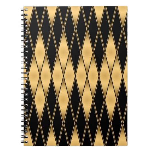 シームレスな金ゴールドと黒い図形のパターン ノートブック (正面)