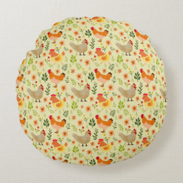 シームレスな鶏と花の柄 ラウンドクッション