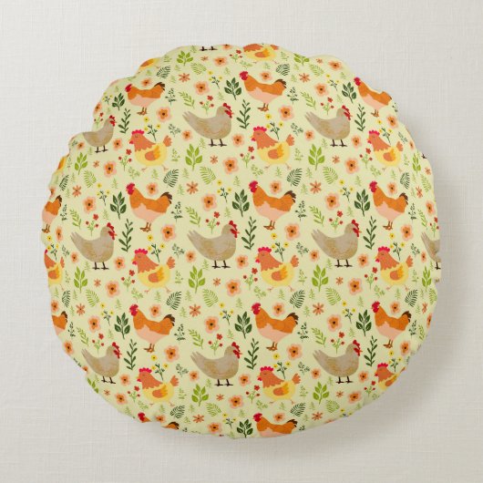 シームレスな鶏と花の柄 ラウンドクッション (正面)
