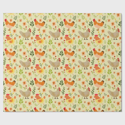 シームレスな鶏と花の柄 ラッピングペーパー (フラット)