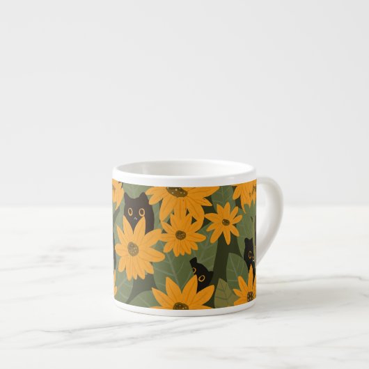 シームレスな黒猫とひまわり柄 エスプレッソカップ (正面右)