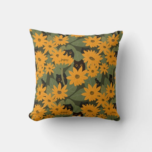 シームレスな黒猫とひまわり柄 クッション (正面)