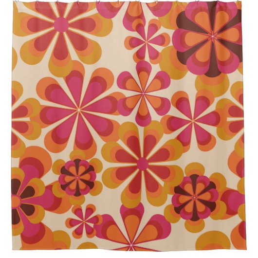 シームレスな70sレトロな花のパターンとヴィンテージダイ シャワーカーテン (正面)
