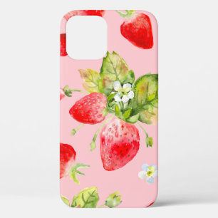 シームレスイチゴの水彩模様 iPhone 12ケース
