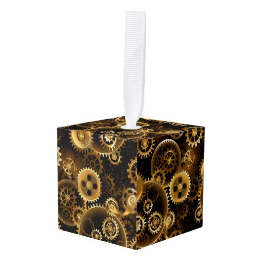 シームレススチームパンク真鍮ギア キューブオーナメント (正面アングル)