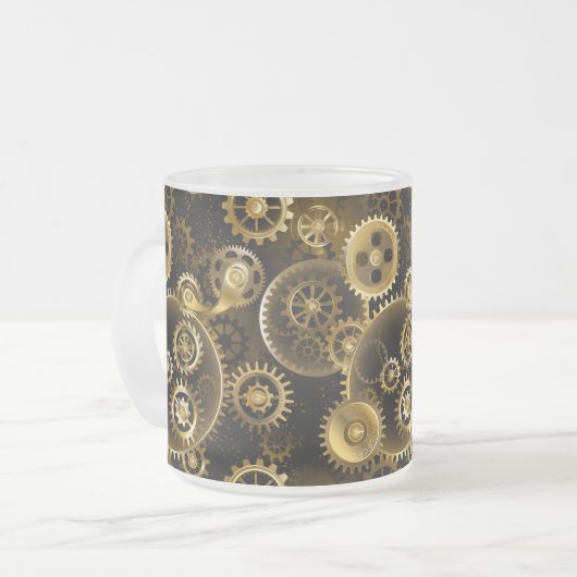 シームレススチームパンク真鍮ギア フロストグラスマグカップ (正面左)