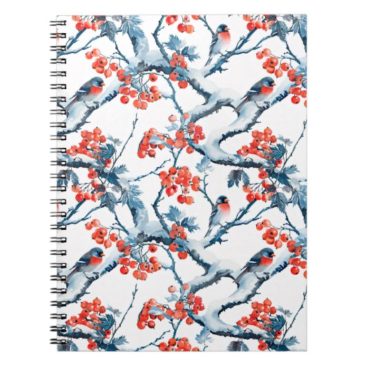 シームレスタイトマウスの鳥、冬の雪の枝、行 ノートブック (正面)