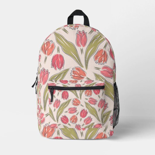 シームレスチューリップフローラルパターン – ヴィンテージ植物学 プリントバックパック (正面)