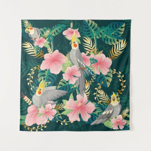 シームレスパターンかわいいオウムはgreに座る タペストリー (正面)