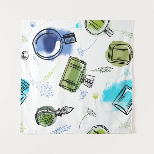 シームレスパターンパルフムボトル及び水彩文字 タペストリー (正面(横))