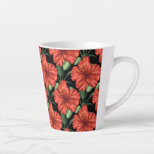 シームレスパターン熱帯赤い花の緑葉の花 カフェラテマグ (右)