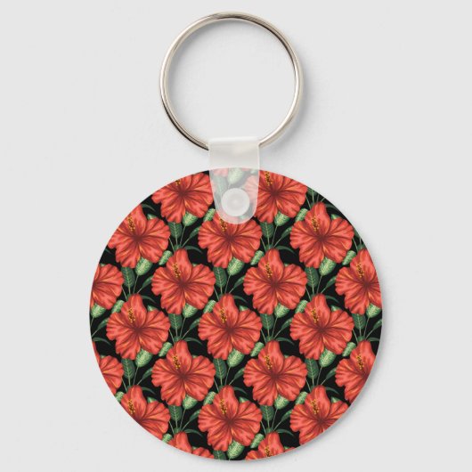 シームレスパターン熱帯赤い花の緑葉の花 キーホルダー (正面)