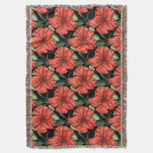 シームレスパターン熱帯赤い花の緑葉の花 スローブランケット (正面縦)