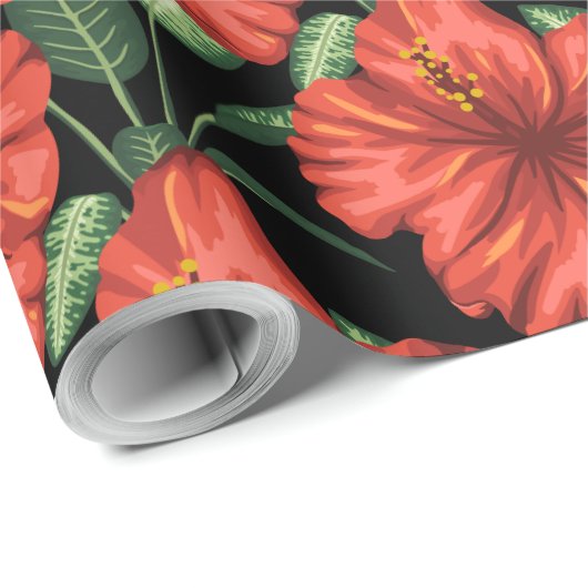 シームレスパターン熱帯赤い花の緑葉の花 ラッピングペーパー (ロールコーナー)
