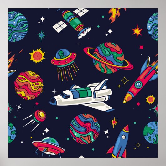 シームレスパターン銀河系の宇宙船。背景w ポスター (正面)