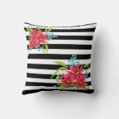 シームレスピンクの花フローラストライプの白黒 クッション (裏面)