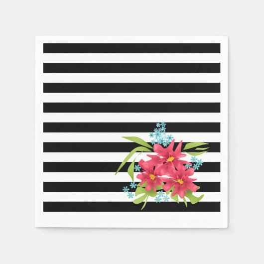 シームレスピンクの花フローラストライプの白黒 スタンダードカクテルナプキン (正面)