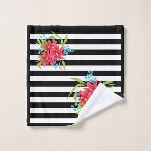 シームレスピンクの花フローラストライプの白黒 バスタオルセット (ウォッシュタオル)