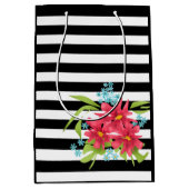 シームレスピンクの花フローラストライプの白黒 ミディアムペーパーバッグ (正面)