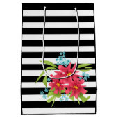 シームレスピンクの花フローラストライプの白黒 ミディアムペーパーバッグ (裏面)