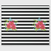 シームレスピンクの花フローラストライプの白黒 ラッピングペーパー (フラット)