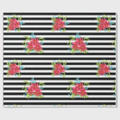シームレスピンクの花フローラストライプの白黒 ラッピングペーパー (フラット)