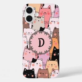 シームレスピンク猫イラストレーションモノグラム iPhone 16 PLUSケース