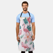 シームレスフラミンゴと熱帯花イラストレティ エプロン (着用した状態)