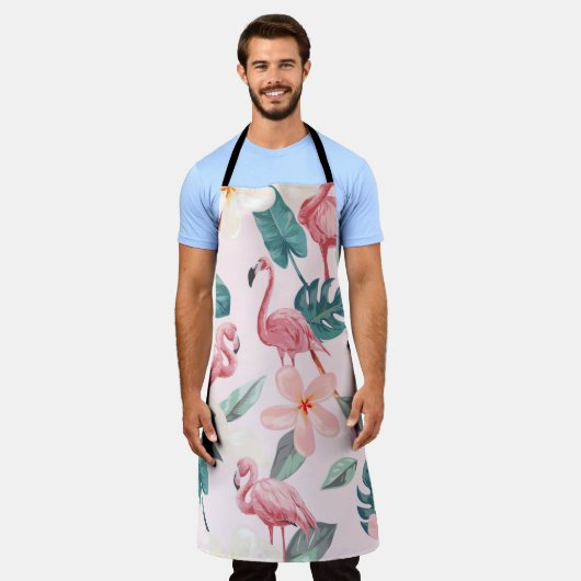 シームレスフラミンゴと熱帯花イラストレティ エプロン (着用した状態)